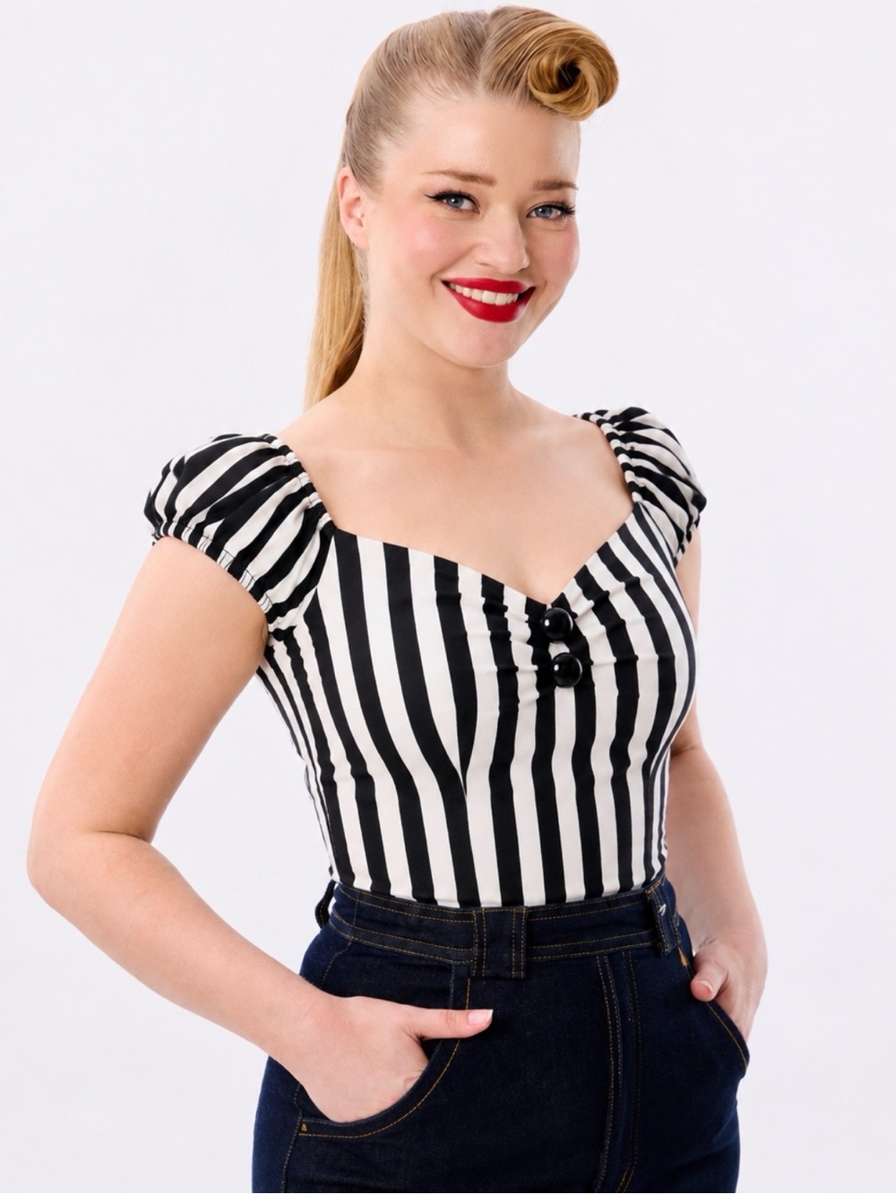 Collectif London Black & White Striped Sweetheart Neck Cap-Sleeve Top Medium